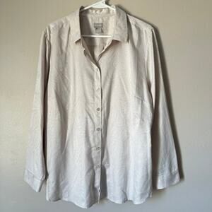 Chicos Jacquard Shirt LARGE Venetian Beige Preppy Office Capsule Wardrobe Preppy